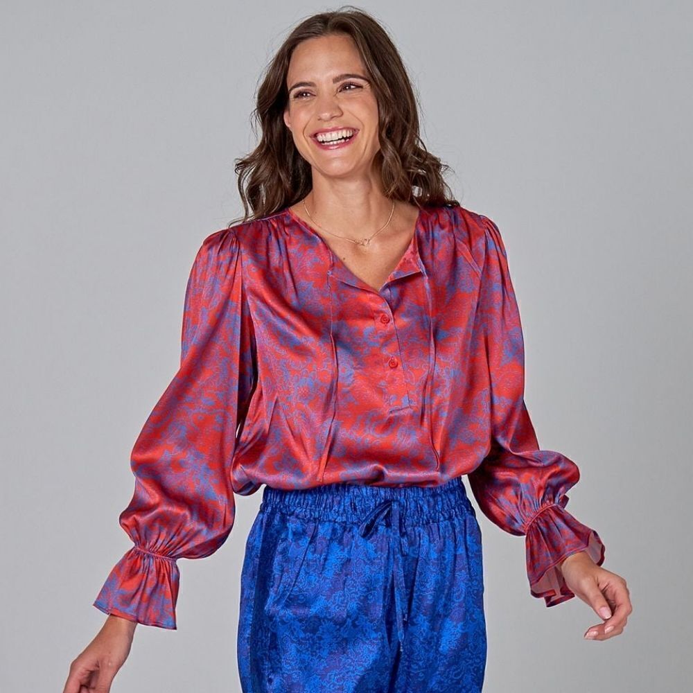 Tucker Juliette Blouse Coral Blue Lace in Silk Stretch Charmeuse Long Sleeve Top